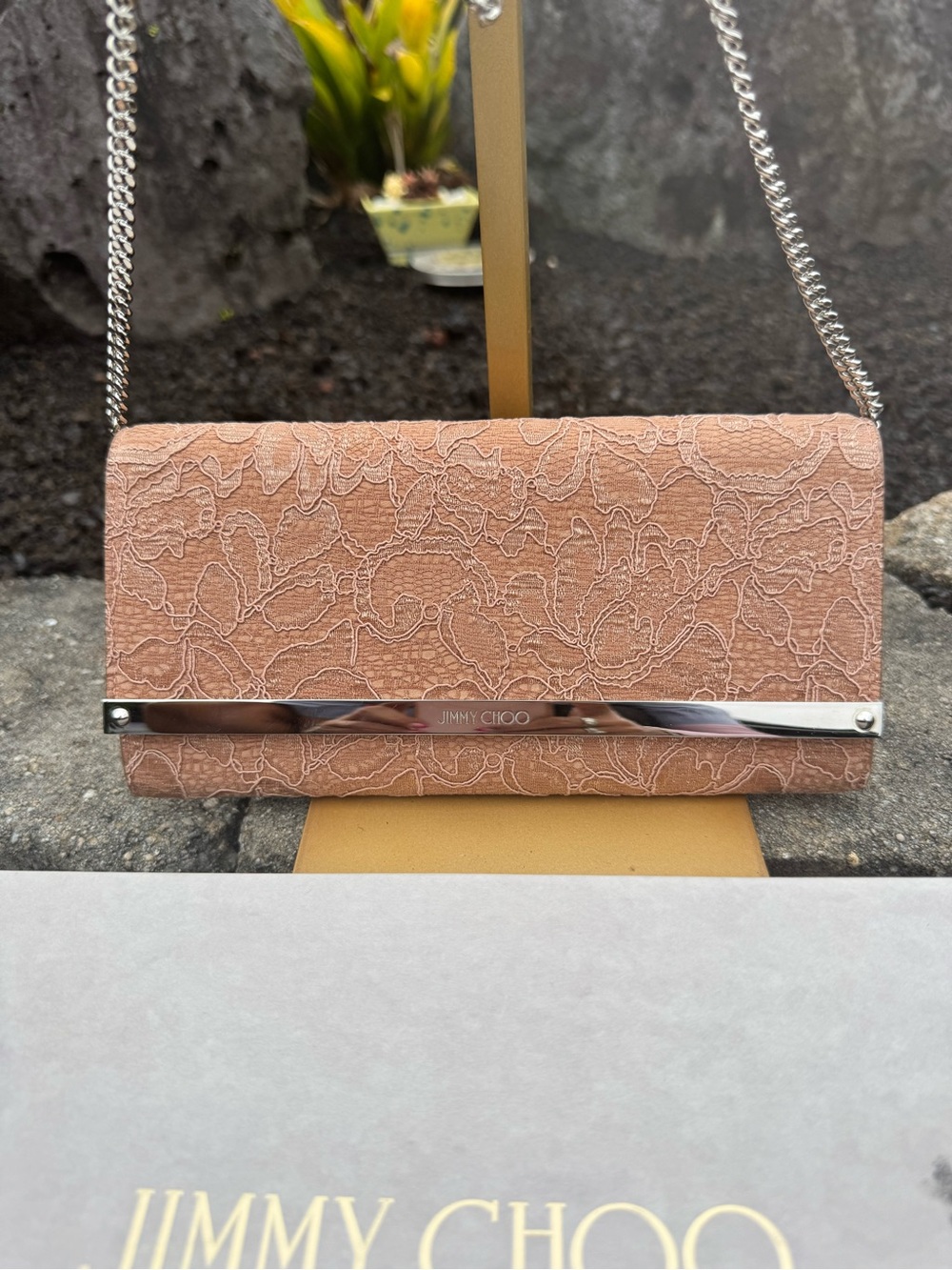 Jimmy Choo Milla Powder Pink Lace Wallet on Chain WOC Crossbody Italy Box